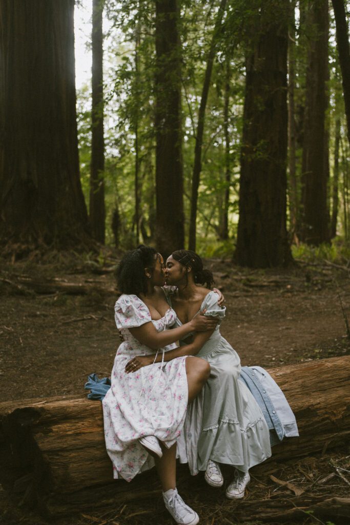 Couple kissing and sitting on a fallen redwood tree in front of a trail and many other trees 
